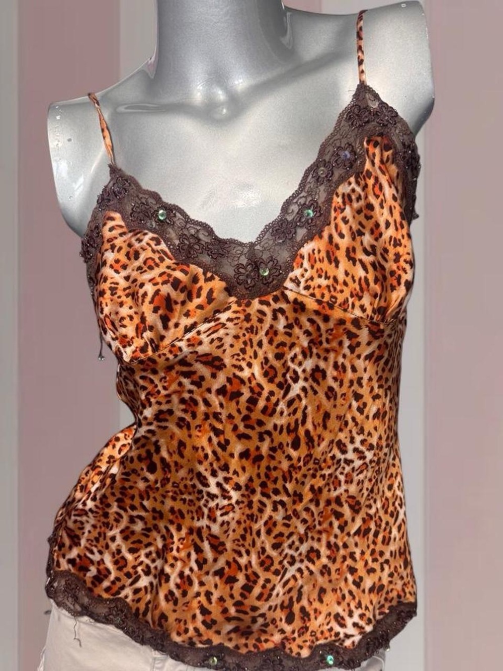 Y2K Satin Lace Leopard Beaded Cami